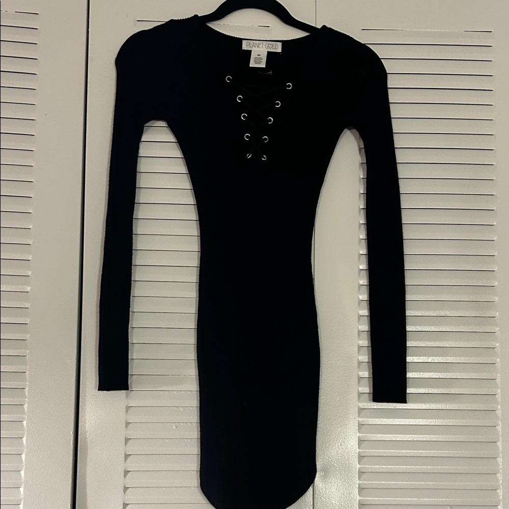 Planet Gold Long Sleeve Black Dress with Lace-Up Detail